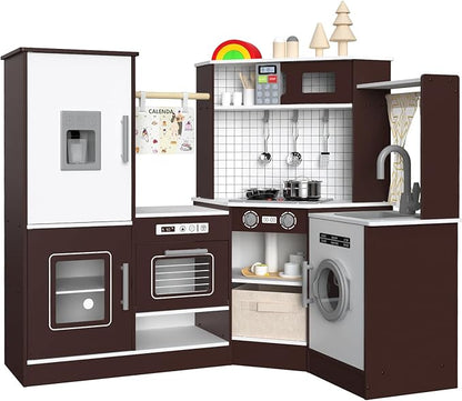 Babytronic Corner Wooden Play Kitchen Set for Kids w/Lights & Sounds, Pretend Play Kitchen Playset with Stove, Microwave, Ice Maker & Accessories, Perfect for Toddlers & Multiple Children (Coffee)
