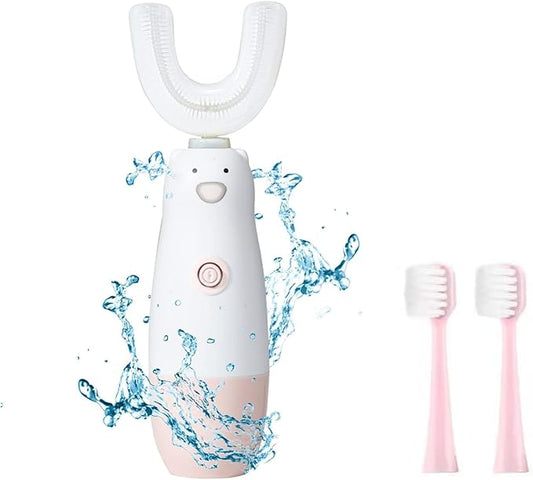 Kids Electric Toothbrush，6 Cleaning Models Toddler Toothbrush Waterproof Battery Powered 360 Automatic Sonic u Shaped Toothbrushes for 2-7 Years Old for Boys Girls（Pink）