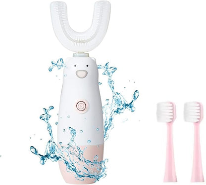 Kids Electric Toothbrush，6 Cleaning Models U Shaped Toothbrush Waterproof Battery Powered 360 Automatic Sonic Toddler Toothbrushes for 8-13 Years Old for Boys Girls（Pink）