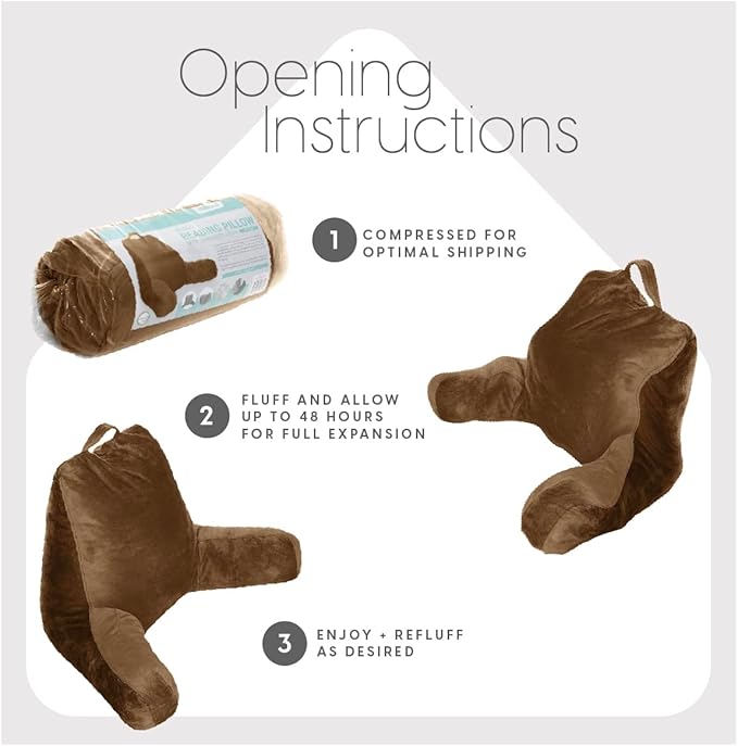 Milliard Reading Pillow with Shredded Memory Foam, Large Adult Backrest with Arms, Back Support for Sitting Up in Bed with Washable Cover (Sit up Pillow) Brown