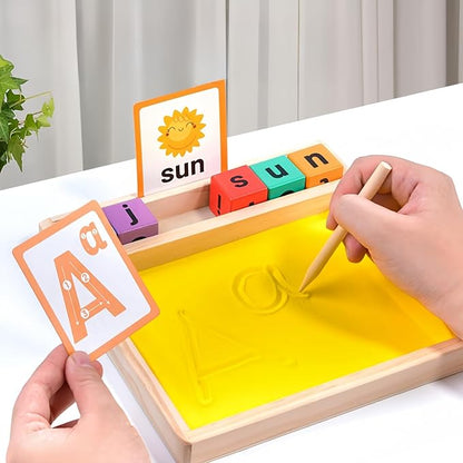 Wooden Sand Writing Tray – Educational Sand Tray for 3 Year Old Kids with Cards, Blocks & Pen – Trace Letters, Numbers & Draw – Perfect Preschool & Classroom Gift.