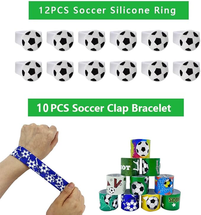 134 Pcs Soccer Party Favors Set Soccer Theme Party Soccer Gift Bags Soccer Silicone Ring Soccer Keychain Silicone Bracelet Whistle Stickers Tattoo Stickers Clap Bracelet for Soccer Themed Party