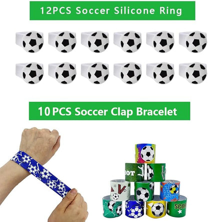 134 Pcs Soccer Party Favors Set Soccer Theme Party Soccer Gift Bags Soccer Silicone Ring Soccer Keychain Silicone Bracelet Whistle Stickers Tattoo Stickers Clap Bracelet for Soccer Themed Party