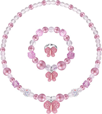 Butterfly Jewelry Set, Kids Butterfly Jewelry for Girls Included Necklace Bracelet Ring, Stretchy Toddler Play Jewelry Cute Toddlers Butterfly Pendant,Pretend Dress up Jewelry