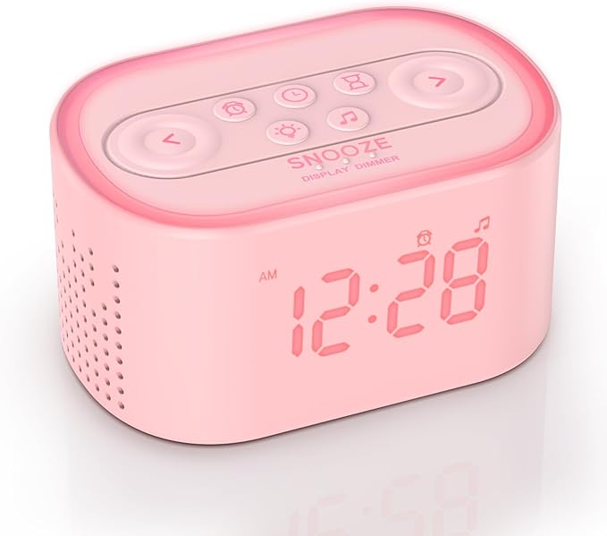 Reacher Pink Alarm Clock & Sound Machine for Girls Room, 21 Soothing Sounds, 7 Wake Up Sounds, 8 Night Lights, 32-Level Volume, Auto-Off Timer, Memory Function, Aesthetic Clock for Bedroom, Home
