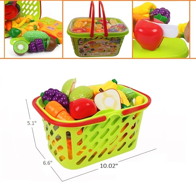 FUNERICA Durable Cuttable Play Food Grocery Shopping Basket, Kids Play Fruits and Vegetables Sets with Mini Cooking Top, Pot, Dishes, and Utensils Kids Kitchen Toys