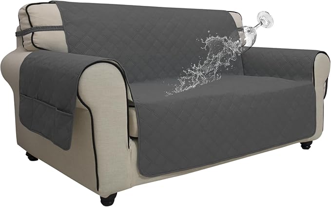 Easy-Going Waterproof Oversized Loveseat Covers Leakproof Couch Cover for 2 Cushion Couch Sofa Cover Washable Sofa Slipcover Non-Slip Furniture Protector with Pocket for Pets (Medium-XL, Dark Gray)