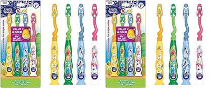 GuruNanda Kids Toothbrush with Suction Cup & Fun Animal Designs - Soft Bristles for Healthy Gums- Non-Slippery & Mess-Free Toothbrush, 3+ Age- 4 Count (Pack of 2)