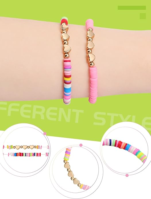Sureio 24 Pcs Colorful Friendship Bracelets Heart Bracelets Surfer Bracelets Stretch Beaded Kids Bracelet for Girls Women Valentine's Day Gifts Tween Girl Party Favors