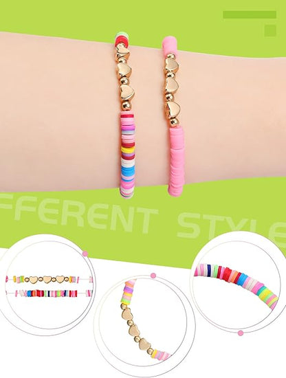 Sureio 24 Pcs Colorful Friendship Bracelets Heart Bracelets Surfer Bracelets Stretch Beaded Kids Bracelet for Girls Women Valentine's Day Gifts Tween Girl Party Favors