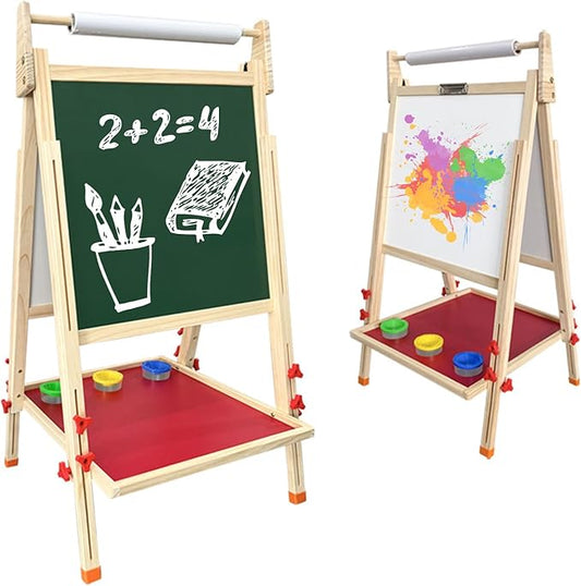 Double Sided Wooden Art Easel,Large Double Sided Wooden Easel White Board & Magnetic Drawing Board & Paper Roll,Double-Sided Magnetic Easel Standing Art Easel for Parties and Festivals