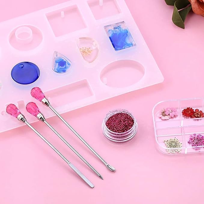 MSDADA 11 Pcs Silicone Resin Mold Tools Set Stirring Needle Spoon Tool Tweezers Precision Kit, Anti-Static Electronics Tweezers Set for Resin Art Crafts,Jewelry Making(Rose Red+Pink)