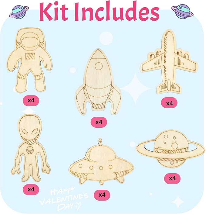 GEECOZYLIFE Thank You for Coming Gifts for Kids - 24 PCS Space Cards with Art Supplies - Space Wood Painting Craft Kits - Kids Christmas Birthday Boys Girls Gifts Bulk - Space Party Favors