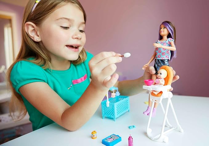 Barbie Skipper Babysitters Inc Dolls & Accessories, Set with Skipper Doll, Color-Change Baby Doll, High Chair & Crib Furniture