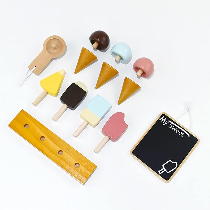 PairPear Wooden Toys Ice Cream Cart for Kids,Toddler Grocery Store Ice Cream Truck Playset,Pretend Play Food Kitchen Toys Gift for Boys and Girls 3 Years and up