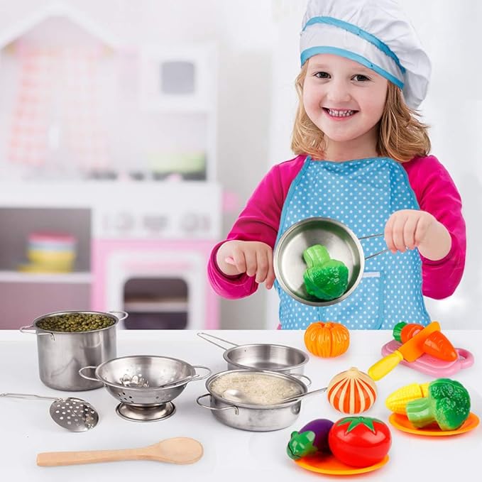 D-FantiX Play Kitchen Accessories, Kids Play Pots and Pans Playset with Mini Stainless Steel Pretend Play Cooking Toys, Cookware Utensils, Apron and Chef Hat, Cutting Food for Toddler Boys Girls