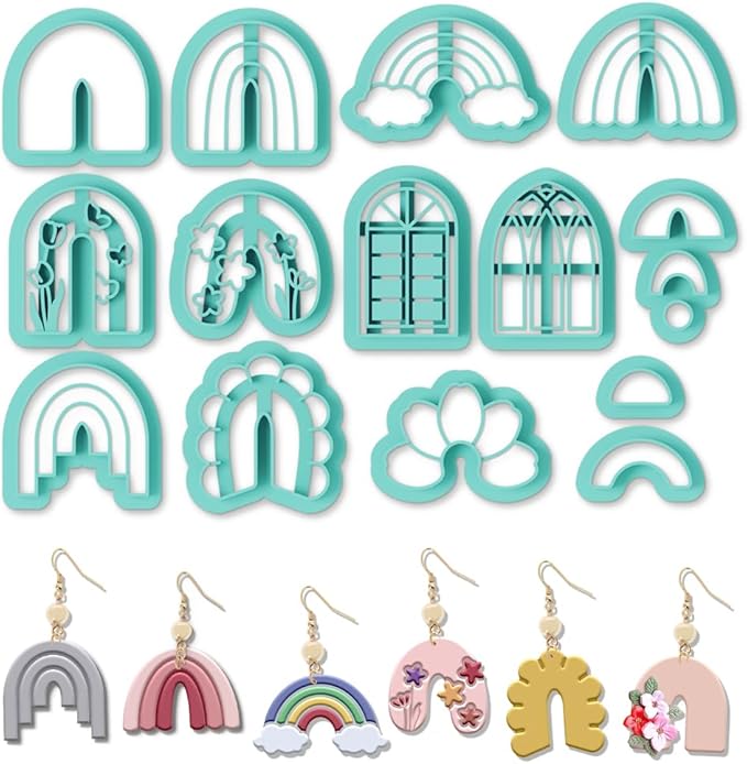 ORIGACH 14 Pcs Boho Arch Shape Polymer Clay Cutters, Rainbow Flower Frame Design Clay Cutters for Polymer Clay Jewelry Earrings with a Clear Storage Box