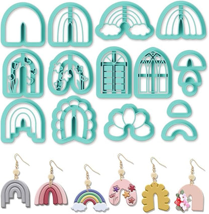ORIGACH 14 Pcs Boho Arch Shape Polymer Clay Cutters, Rainbow Flower Frame Design Clay Cutters for Polymer Clay Jewelry Earrings with a Clear Storage Box