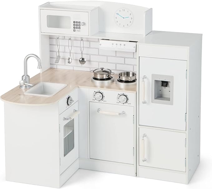 HONEY JOY Corner Kids Kitchen Playset, Little Chef Wooden Play Kitchen for Toddlers, Water Dispenser, Microwave, Range Hood, Refrigerator, Cookware, Modular Pretend Toy Kitchen Set w/Lights & Sounds