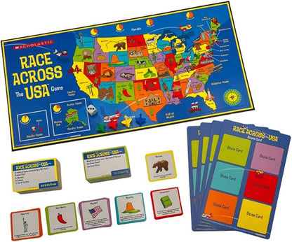 University Games, Scholastic Race Across the USA Board Game , Geography Learning Game for Kids and Families, for 2 to 4 Players Ages 8 and Up