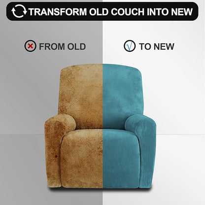 FestiCorp Recliner Chair Covers Real Velvet 4-Pieces Recliner Covers for Small Lazy Boy Recliner Chair Stretch Recliner Sofa Slipcovers Protector with Side Pocket & Elastic Bottom, Peacock Blue