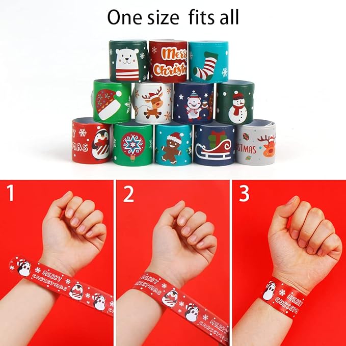 LOMIMOS 48PCS Christmas Slap Bracelets,Xmas Snap Wristbands with Santa Claus Reindeer for Kids Party Favors Little Toys