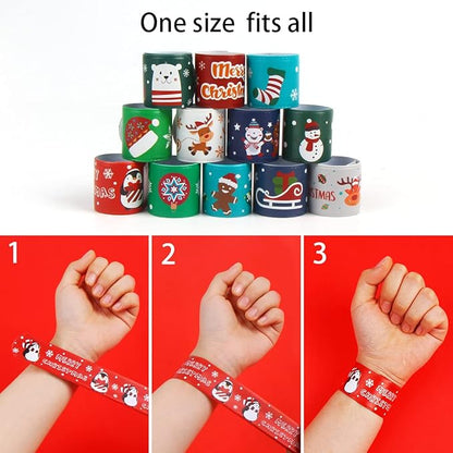 LOMIMOS 48PCS Christmas Slap Bracelets,Xmas Snap Wristbands with Santa Claus Reindeer for Kids Party Favors Little Toys