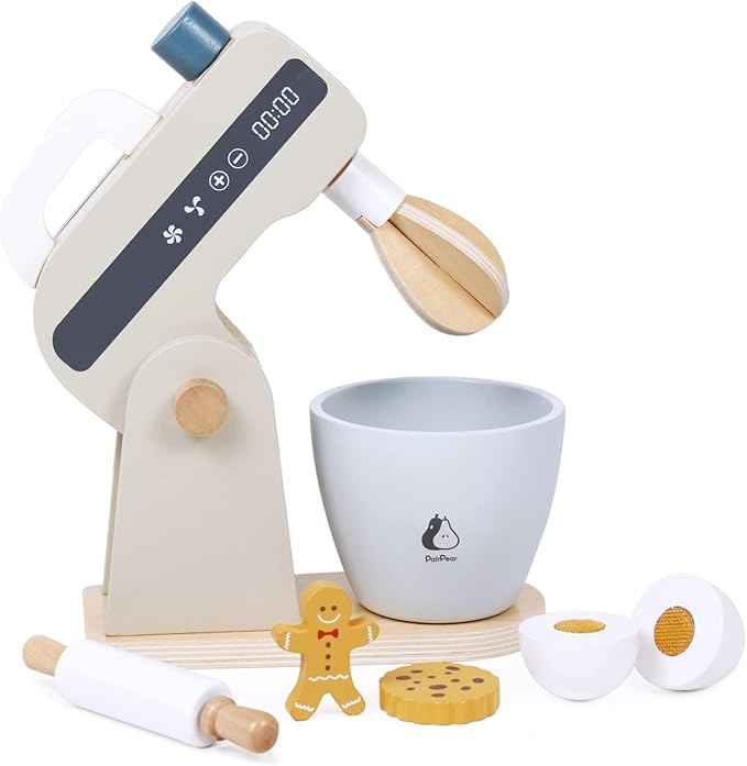 PairPear Play Food Stand Mixer, Wooden Toys Bake Cookies Playset, Multi-Function Play Kitchen Accessories for Kids Ages 3+