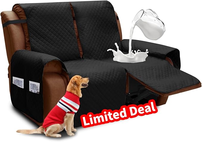 XINEAGE Water Resistant Recliner Cover, 2 seat Recliner Loveseat Covers with Pockets, Quilted Thick Recliner Protector Cover for Dog Pets with Non Slip Backing and Strap (Recliner Loveseat, Black)