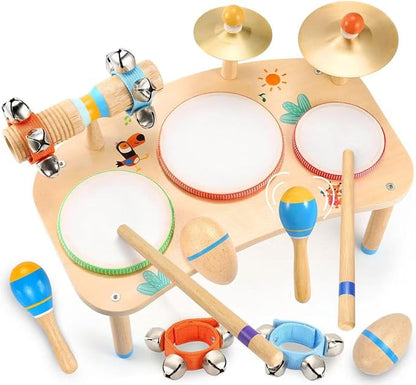 WINGYZ 11-in-1 Kids Drum Set – Montessori Baby Musical Toys & Wooden Musical Instruments for Toddlers 1-3, Music Table with Bongo Drums, Cymbals, Maracas & Wrist Bells for Early Rhythm Play