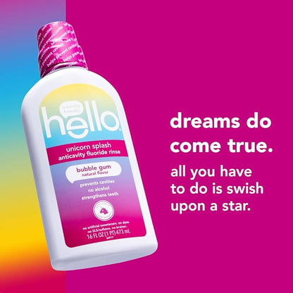 Hello Kids Mouthwash with Unicorn Bubble Gum Flavor, Alcohol Free Mouthwash for Kids with Fluoride, Safe for Ages 6 and Up, Anticavity, Vegan, No Alcohol, No Dyes, 16 Oz Bottles (Pack of 3)