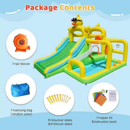 Baralir Duck-Themed Inflatable Bounce House with Extra Wide Slide & Climbing Wall, Basketball Hoop, Ring Toss, Punching Bag, 2-in-1 Splash Pool/Ball Pit - Indoor/Outdoor Jumping Castle for Toddlers