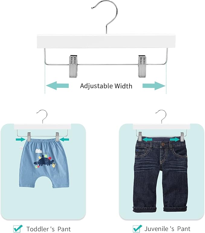 Nature Smile 11.8'' Kids Baby Toddler Children Solid Wooden Pants Hangers,Wood Skirts Hangers,Trousers Bottom Hangers with 2-Adjustable Clips Anti-Rust Hook Pack of 10 (White)