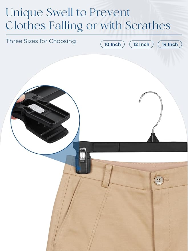 Smartor Space Saving Heavy Duty Hangers - 180 Pack, Slim Plastic Pants and Shorts Hangers, Ridged Non-Slip with Pinch Clips, 360-Rotating Chrome Swivel Hook, Black, 10 Inches