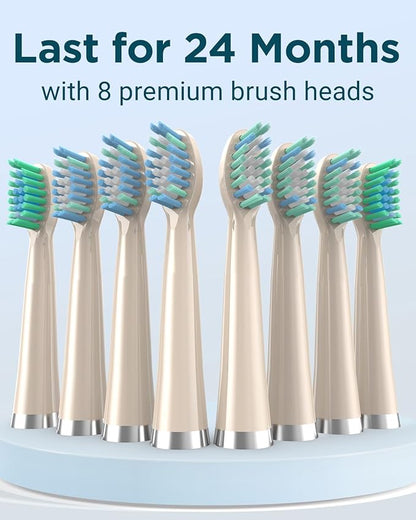 Rtauys M5 Sonic Electric Toothbrush for Adults - Rechargeable Electric Toothbrushes with 8 Brush Heads & Holder, Travel Case, Power Electric Toothbrush，3 Hours Charge for 120 Days - Champagne Gold