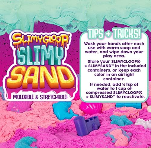 by Horizon Group USA, 4.5 lbs of Stretchable, Expandable, Moldable Non-Stick Slimy Play Sand in 3 Reusable Buckets, Purple/Blue/White