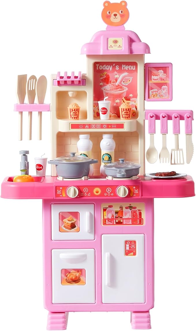 VEVOR Kids Kitchen Playset, Toddler Kitchen with Cooking Stove with Steam, Sounds and Lights, Play Kitchen Set with 48 PCS Cooking Accessory Set for Toddlers, Preschoolers, Children Ages 3-5, Pink