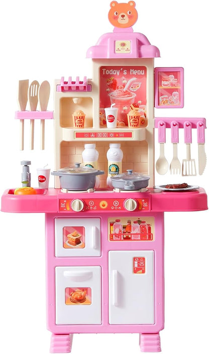 VEVOR Kids Kitchen Playset, Toddler Kitchen with Cooking Stove with Steam, Sounds and Lights, Play Kitchen Set with 48 PCS Cooking Accessory Set for Toddlers, Preschoolers, Children Ages 3-5, Pink