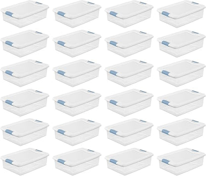 Sterilite 24-Pack Latching Box, Under Bed Storage Bins with Lids, Clear Plastic, 32 Quart - Heavy-Duty Organizing Containers for Closet, Bathroom, and Office