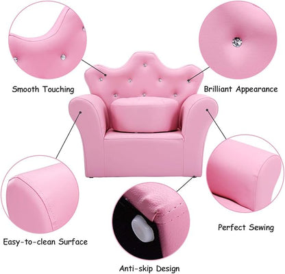 Costzon Kids Sofa, Children Upholstered Sofa with Ottoman, Princess Sofa with Diamond Decoration, Smooth PVC Leather Toddler Chair, Kids Couch for Boys and Girls, Gift for Toddlers (Pink)