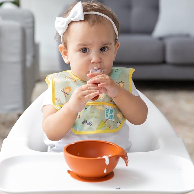Bumkins Baby Bowl, Silicone Feeding Set with Suction for Baby and Toddler, Includes Spoon and Lid, First Feeding Set, Training Essentials for Baby Led Weaning for Babies 4 Months Up, Clay