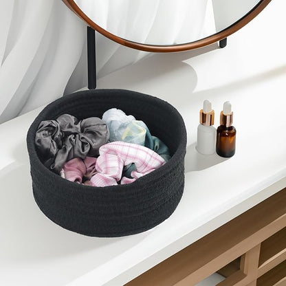 Small Basket, Set of 3 Woven Baskets, Cotton Rope Small Baskets for Organizing, Cute Mini Tiny Storage Basket for Gifts, Decorative Boho Round Bathroom Organization Bin (Black)