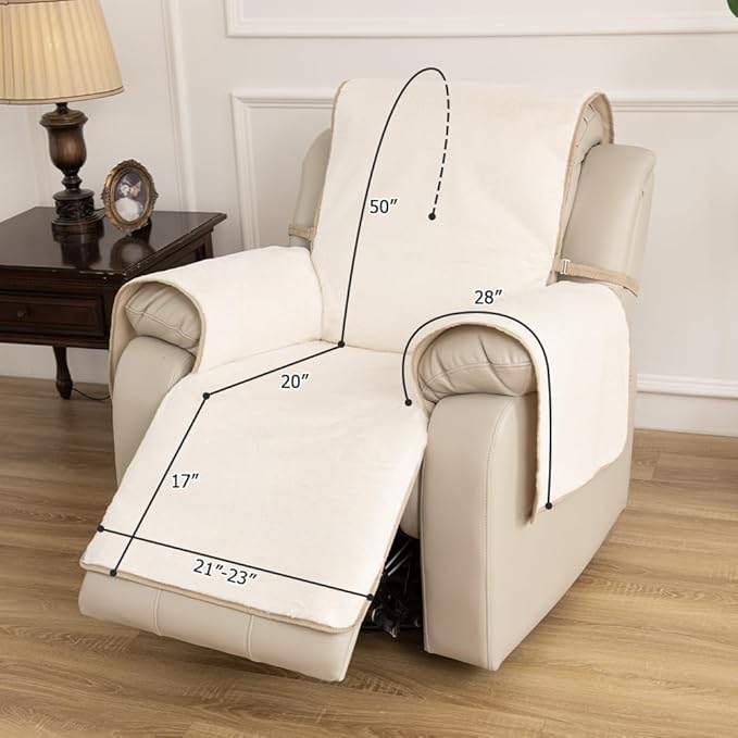 RBSC Home Waterproof Faux Fur Recliner Covers - Ivory Antislip Recliner Chair Slipcover Faux Rabbit Plush Furniture Protector with Elastic Straps for Kids, Dogs, Pets