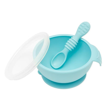 Bumkins Baby Bowl, Silicone Baby Feeding Set with Suction for Baby and Toddler, Includes Spoon and Lid, First Feeding Set, Essential for Baby Led Weaning for Babies 4 Months, Blue