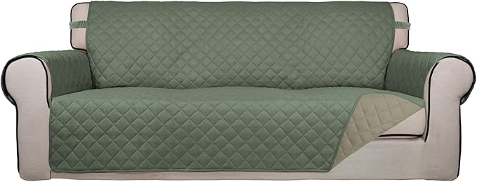 PureFit Reversible Quilted Sofa Cover, Water Resistant Slipcover Furniture Protector, Washable Couch Cover with Non Slip and Elastic Straps for Kids, Pets (Oversized Sofa, Greyish Green/Beige)