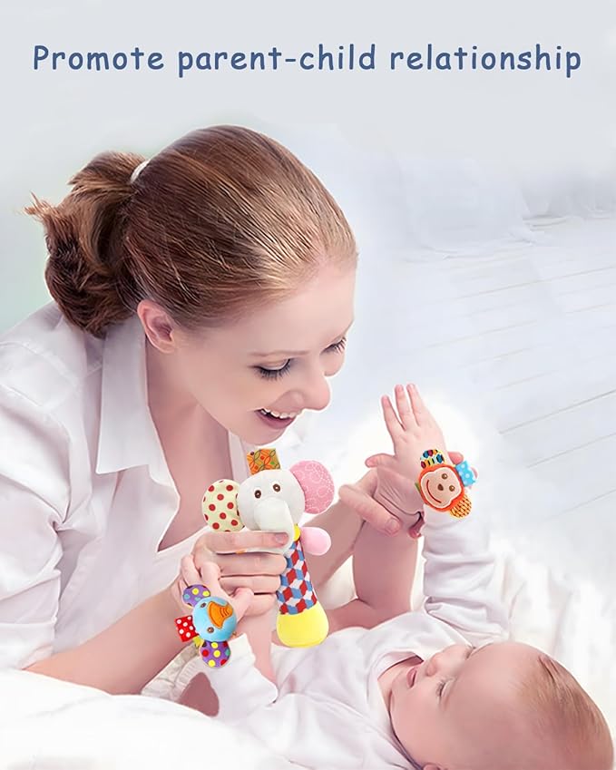 BLOOBLOOMAX Wrist Rattles Foot Finder Rattle Sock Baby Toy,Rattle Toy,Arm Hand Bracelet Rattle,Feet Leg Ankle Socks,Activity Rattle Present Gift for Newborn Infant Babies Boy Girl Bebe (5pcs-E)