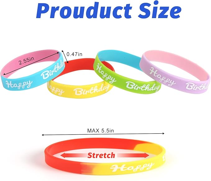 CCINEE 24 PCS Happy Birthday Silicone Bracelets, Colored Silica Rubber Stretch Wristbands for Kids Teenagers Birthday Party Supplies,4 Styles