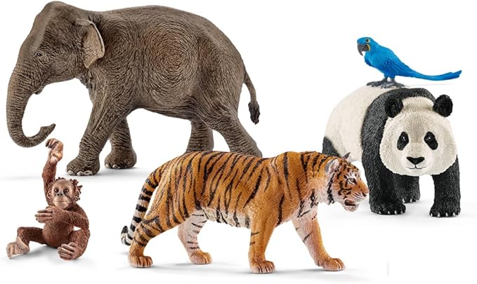 Schleich Wild Animal Toys 5-Piece Set of Realistic Animal Figurines Including Giant Panda, Tiger, Hyacinth Macaw, Orangutan Cub and Asian Elephant