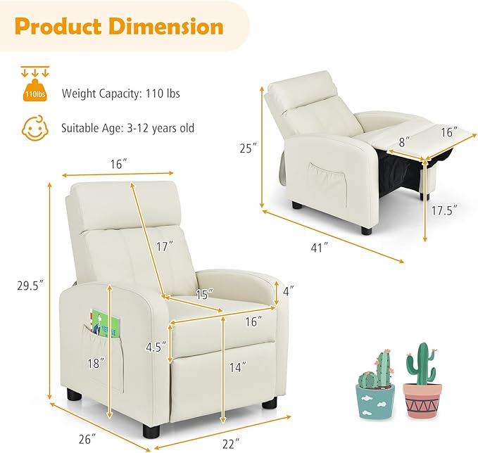 Costzon Kids Recliner, Adjustable PU Leather Lounge Chair w/Side Pockets, Footrest, Headrest for Kids Room & Play Room, Easy to Clean, Padded Recliner Sofa for Children Boys Girls Aged 3-12 (Beige)