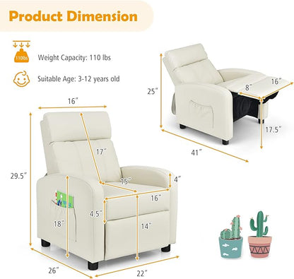 Costzon Kids Recliner, Adjustable PU Leather Lounge Chair w/Side Pockets, Footrest, Headrest for Kids Room & Play Room, Easy to Clean, Padded Recliner Sofa for Children Boys Girls Aged 3-12 (Beige)